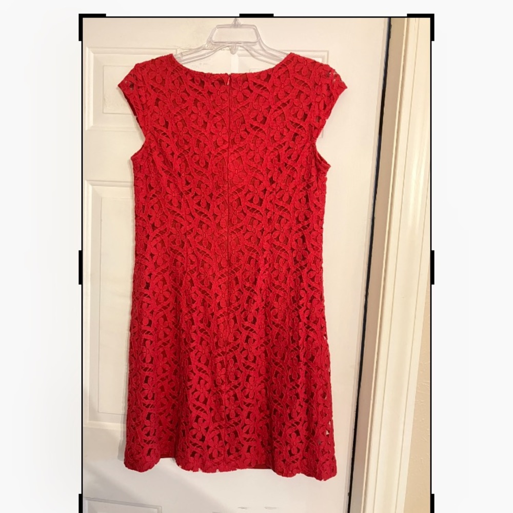 Size 14 Madison Leigh Ruby Red Lined Lace Overlay Dress with Cap Sleeves. EUC.